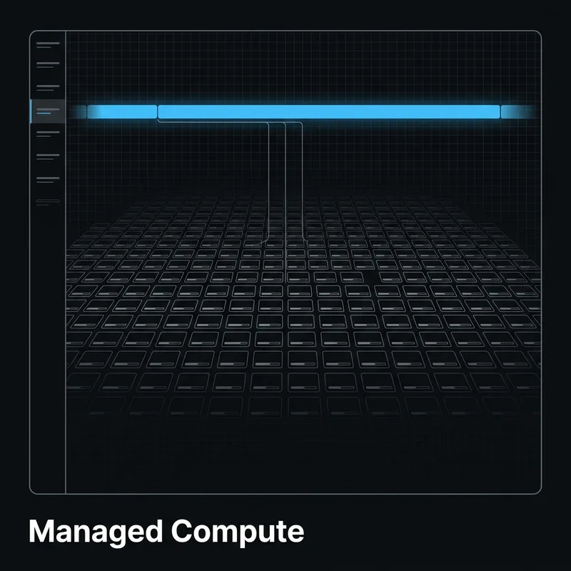 A single job lane resolving into a deep grid of identical compute nodes receding into the dark.